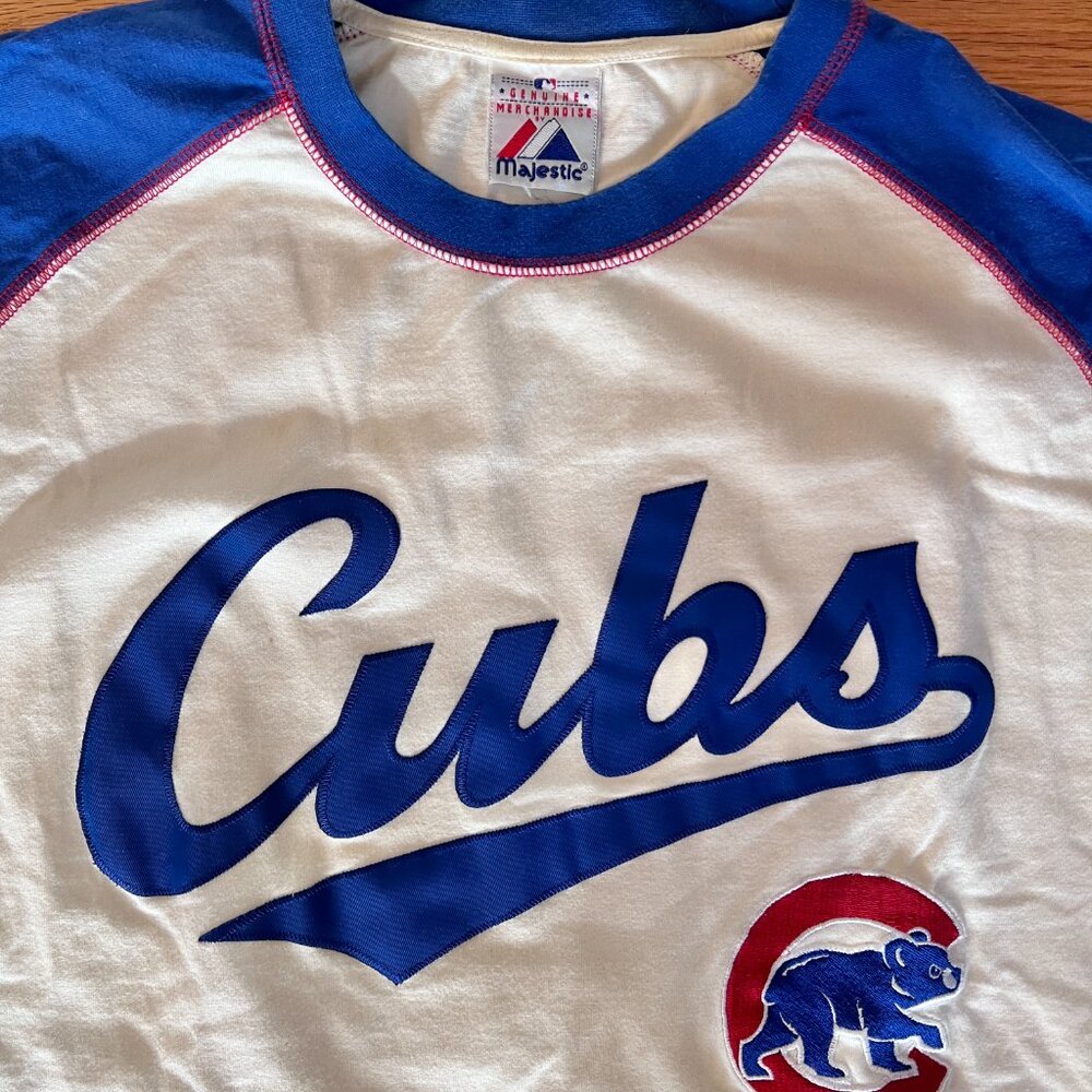 Chicago Cubs Majestic Men's Vintage 3/4 Sleeve Baseball Top 100% Cotton Sz Large - Picture 4 of 7